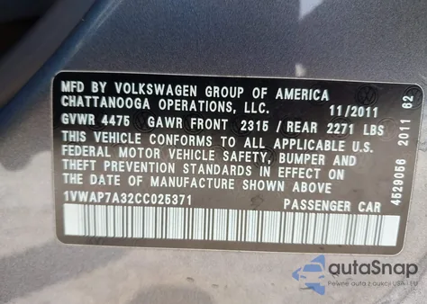 2012 Volkswagen Passat 2.5L S из США, поврежденный, VIN 1VWAP7A32CC025371